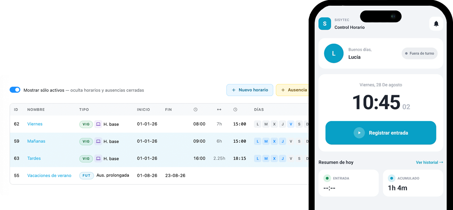 Sisytec Control Horario: panel web con la gestión de horarios y ausencias, y la aplicación móvil mostrando el botón de registrar entrada y el resumen del día.