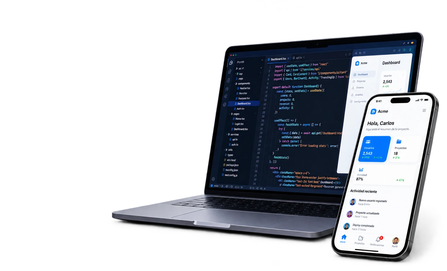 Aplicación web a medida mostrada en portátil y móvil