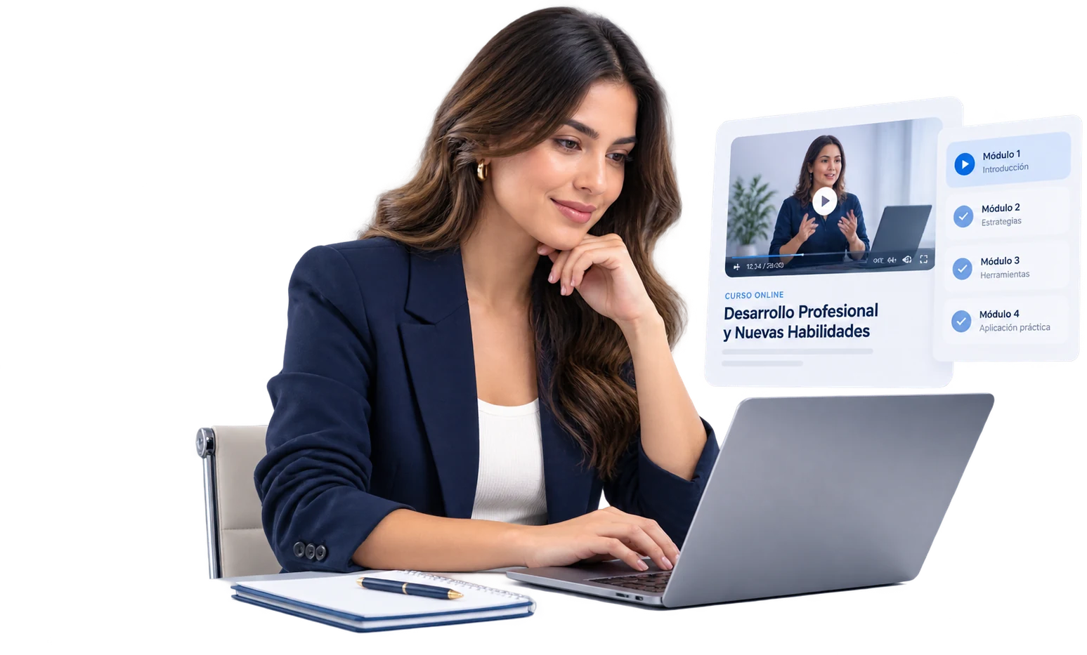 Persona formándose con un curso online en portátil, con módulos de progreso