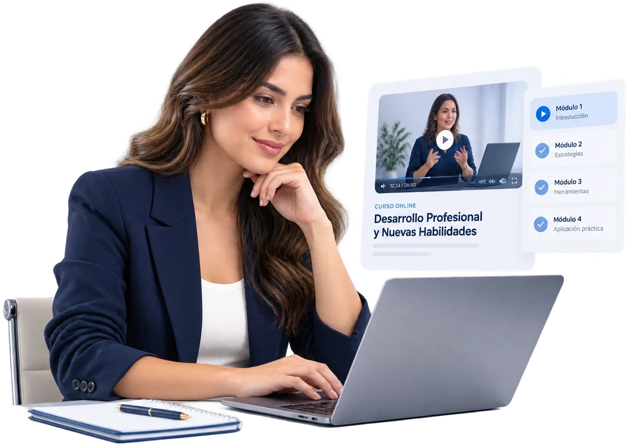 Persona formándose con un curso online en portátil, con módulos de progreso