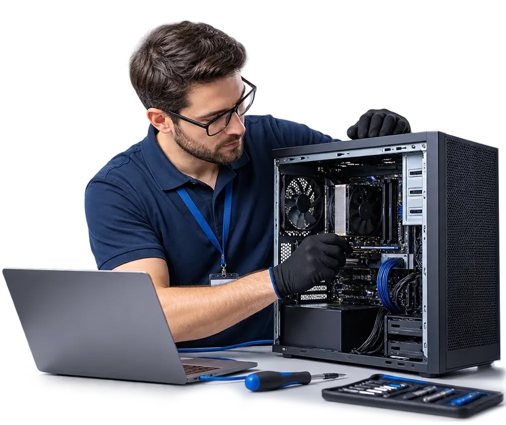 Técnico realizando mantenimiento informático a un ordenador de sobremesa